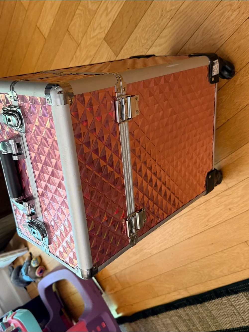 Portable Pink Holographic Makeup Case with Wheels